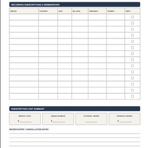 May include: A white paper subscription tracker form with dark blue headers. It features sections for recurring subscriptions, memberships, and a cost summary. Columns include service, category, cost, bill date, frequency, payment, and keep checkboxes.