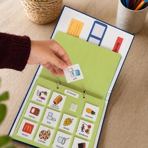 Peut inclure: Un support visuel d'apprentissage avec un livre à anneaux présentant des cartes illustrées d'aliments. Le livre a un intérieur vert et une bordure bleue. Une main place une carte avec une illustration de carton de lait. D'autres cartes montrent divers aliments.