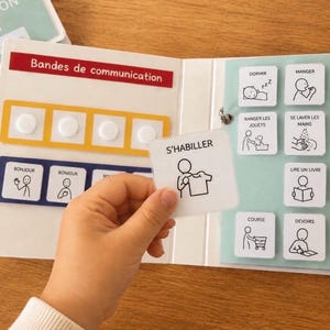 Peut inclure: Un classeur de communication blanc avec une bande rouge intitulée Bandes de communication, une bande jaune à quatre attaches circulaires blanches et une bande bleue avec trois cartes Bonjour. Une carte carrée S'HABILLER est tenue en main.