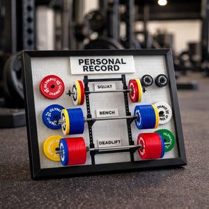 May include: A framed weightlifting personal record board with the text "PERSONAL RECORD". The board displays miniature barbells with red, yellow, and blue weight plates for squat, bench, and deadlift exercises. The background is a brick pattern.