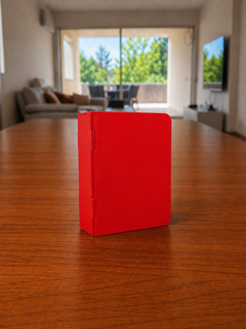 Puede incluir: Una caja rectangular de color rojo vibrante con un acabado mate y liso. El objeto presenta una bisagra vertical en el lado izquierdo, lo que sugiere un mecanismo de apertura. El dise&ntilde;o es sencillo, con bordes limpios y un color uniforme.