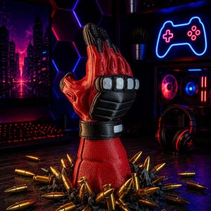 Puede incluir: Una escultura de guante táctico rojo y negro montada sobre una base roja, rodeada de casquillos de bala color latón esparcidos. El guante presenta un protector de nudillos negro con cuatro detalles plateados y una correa de muñeca negra.