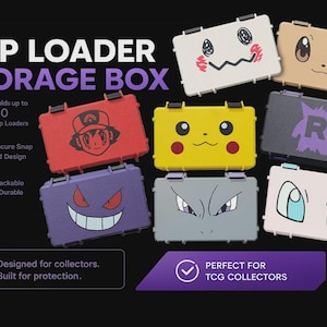 May include: A collection of rectangular top loader storage boxes featuring various character designs including Pikachu, Gengar, and Ash Ketchum. Each box has a secure snap lid design, is stackable, and is labeled to hold up to 50 top loaders.