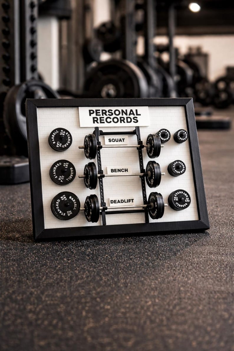 May include: A framed display board with the words "PERSONAL RECORDS" at the top. The board features miniature barbells and weight plates for squat, bench, and deadlift exercises. The weights are labeled with their weight in pounds.