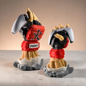 May include: Two sculpted stands shaped like tan hands wearing red and black martial arts gloves with the text FIGHT and a Japanese character. Each hand holds a white video game controller and emerges from a base of broken gray concrete rubble.