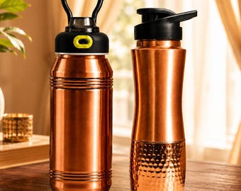 Pure Copper Water Flask Set, Hammered Sports Drinkware, 1100ml 750ml