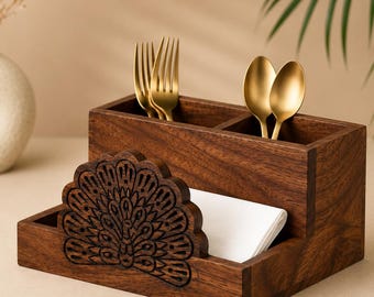 Handcrafted Sheesham Wood Cutlery Holder, Peacock Carved Napkin Caddy, Rustic Kitchen Organizer