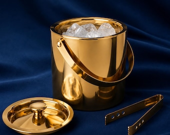 Secchiello per il ghiaccio di lusso in acciaio inox color oro con pinze, refrigeratore per champagne a doppia parete isolato.