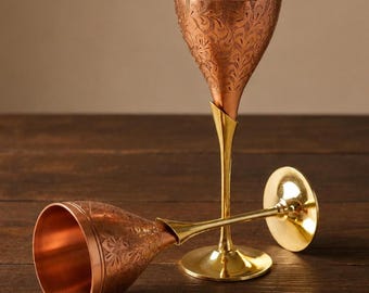 Champagne Flutes, Copper-Plated Brass Set Of 2 With Engraved Floral Detail