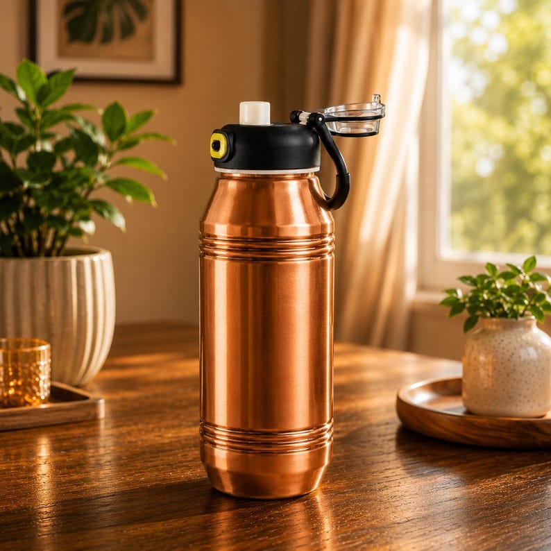 Op de afbeelding: Een koperkleurige metalen waterfles met een zwarte dop, voorzien van een wit mondstuk en een doorzichtig plastic klapdeksel. De fles heeft een cilindervormig lichaam met horizontale ribbels aan de boven- en onderkant.
