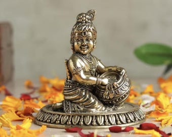 Brass Bal Krishna Idol – Baby Krishna Statue with Butter Pot, Hindu God Figurine Home Decor