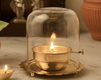 Lámpara Akhand Diya de latón con cubierta de vidrio – Lámpara de puja de larga duración, oración hindú, decoración de Diwali