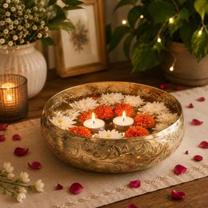 A gold metal bowl filled with water, white and orange flowers, and three lit tealight candles, surrounded by scattered pink petals on a fabric runner.