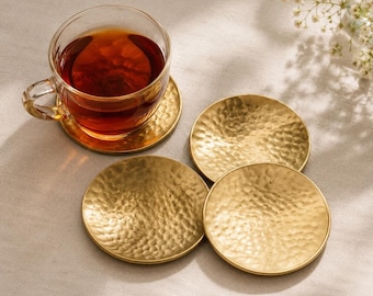 Hammered Brass Coaster Set, Pure Drink with Golden Finish