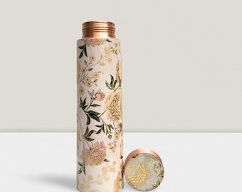 Koperen fles, 950 ml, met bloemenprint, lekvrije schroefdop.