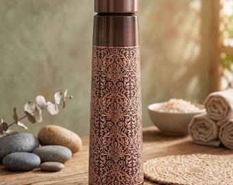 Handcrafted Pure Copper Water Bottle, Botanical Filigree Etching, Ayurvedic Hydration (950ml)