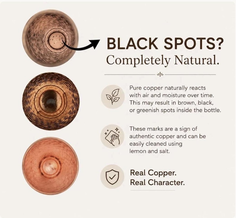 Op de afbeelding: Drie cirkelvormige aanzichten van de binnenkant van een koperen fles met oxidatie. De tekst luidt: BLACK SPOTS? Completely Natural. Pure copper naturally reacts with air and moisture over time. These marks are a sign of authentic copper. Real Copper. Real Character.