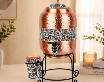 Water Dispenser Set, 5L 99.94% Pure Hammered Copper Paisley Design
