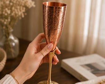 Champagne Flutes, Engraved Copper-Plated Brass Set Of 2 | Vintage Barware
