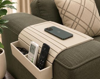 Sofa Side Table, Engineered Wood Armrest Organizer with Dual Storage Pockets