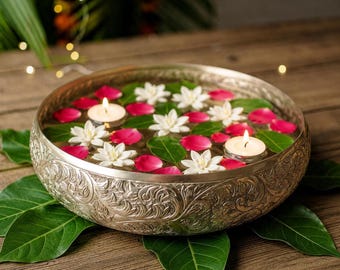 Luxury Decor Gold Aluminum Urli Bowl, Engraved Floating Candle Display