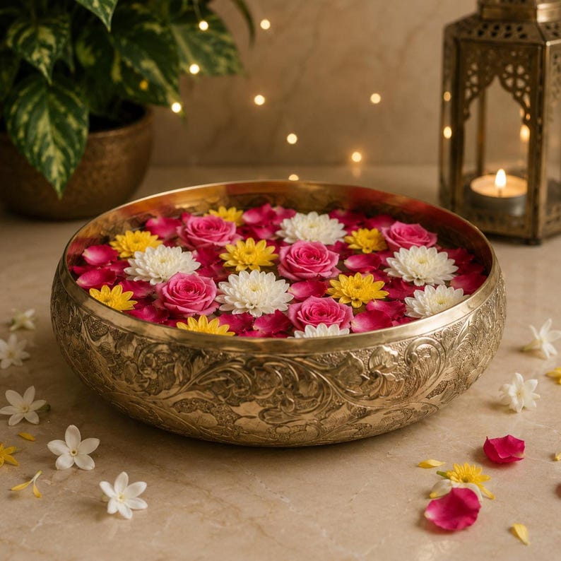 A decorative gold metal bowl filled with water, floating pink, white, and yellow flowers, and scattered petals, set on a surface with a potted plant and lantern in the background.