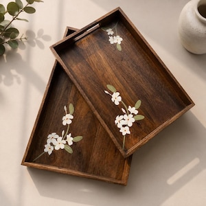 Wood Tray, Hand-Painted Floral Design, 16-Inch Rectangular Coffee Table Decor