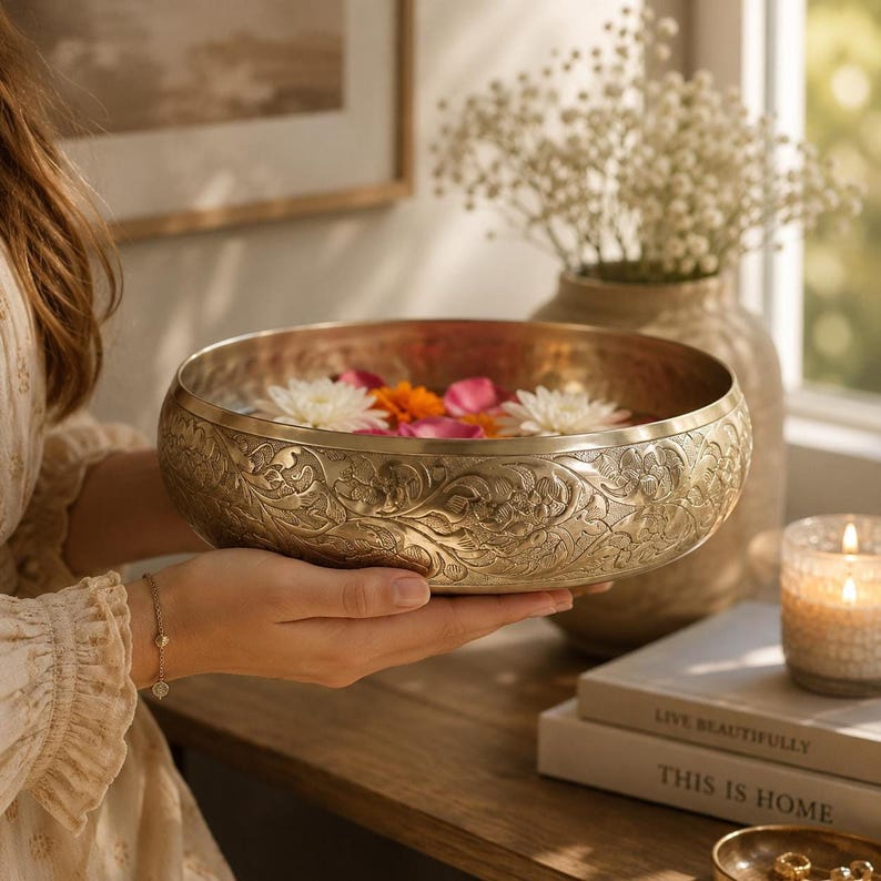 A person holding an empty, intricately embossed gold metal bowl with a detailed floral design on the exterior, standing near books and flowers.