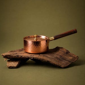 May include: A hammered copper saucepan with a circular lid featuring a small brass knob. The pan has a long, straight handle made of dark brown wood with a brass ferrule connecting it to the main body of the metallic cooking vessel.