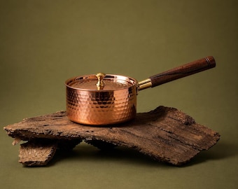 Copper Cookware Saucepan, 1L Tin-Lined with Wooden Handle and Matching Lid