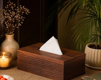 Solid Wood Decor Tissue Box Holder, Sheesham, Dark Brown Ripple Design