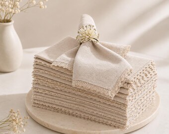 Linen Blend Cloth Napkins with Lace Trim – Set of 12, 20x20 Inch Dinner Napkins
