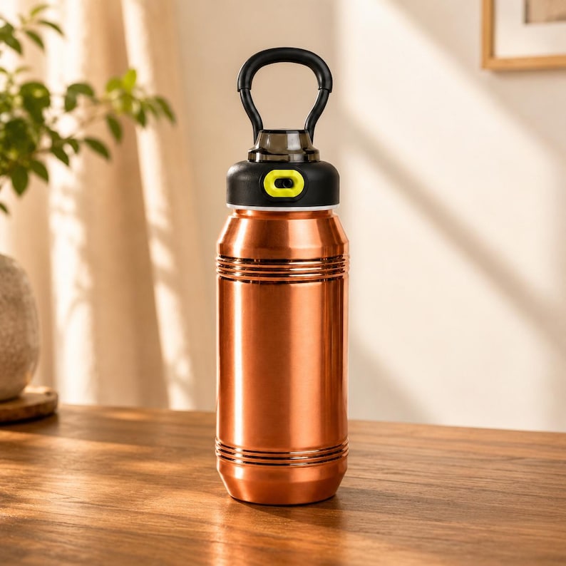 Op de afbeelding: Een koperkleurige metalen waterfles met een cilindrisch lichaam voorzien van horizontale ribbels. De fles heeft een zwarte schroefdop met een limoengroene accentknop en een grote, ge&iuml;ntegreerde zwarte draagbeugel aan de bovenzijde.
