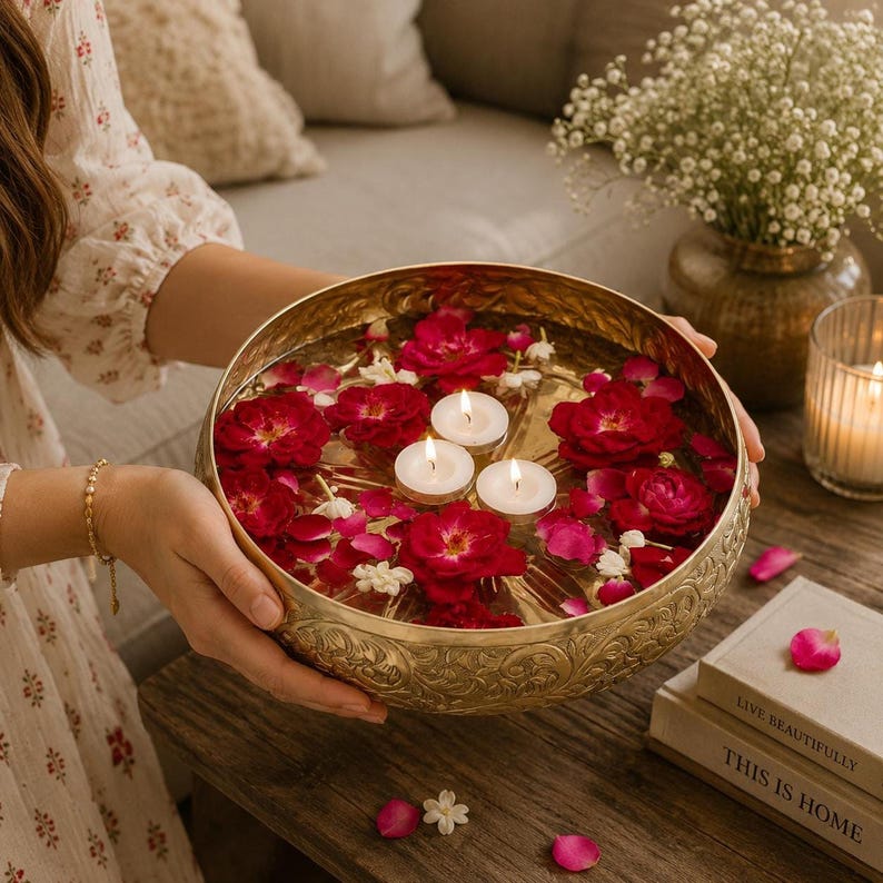 A person holding a gold metal bowl filled with water, floating deep red petals, small white flowers, and three lit tealight candles, sitting on a wooden table.