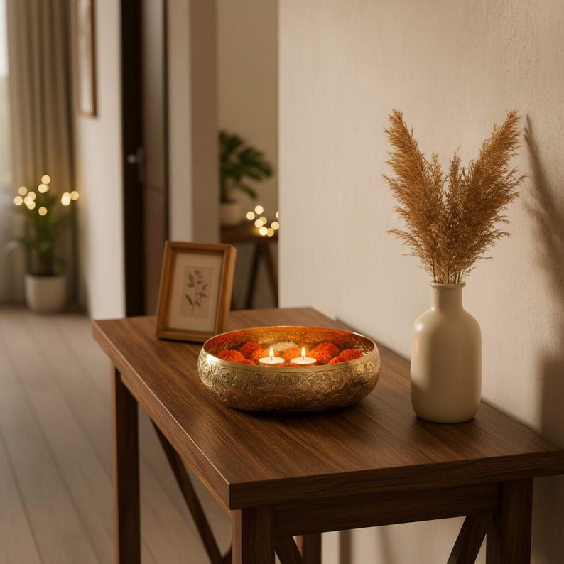 Gold metal urli bowl filled with water, floating candles, and marigolds on an entryway console table.