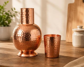 Copper Water Bottle, 1-Liter Hammered Surahi Set with Matching Tumbler