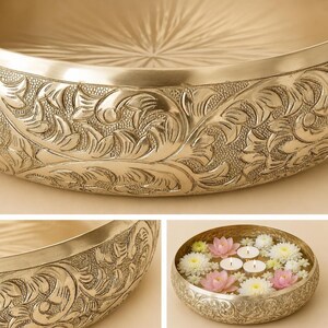 A composite image displaying close-up details of the embossed floral and leaf patterns on the exterior of a gold metal bowl, alongside a view of the bowl filled with water, candles, and pink and white flowers.