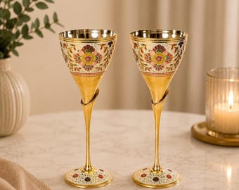 Wine Glasses, Brass Set of 2 with Gold Stems and Kashmiri Floral Artwork