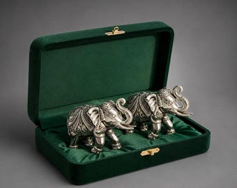 Silver Elephant Figurines, Antique Finish Pair with Raised Trunks