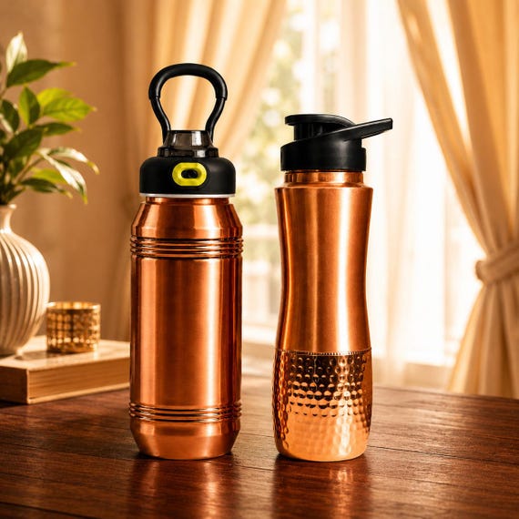 Pure Copper Water Flask Set, Hammered Sports Drinkware, 1100ml 750ml