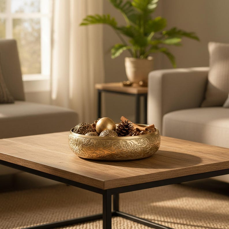 Gold metal urli bowl styled dry with natural decorative fillers on a rustic coffee table in a sunlit living room.