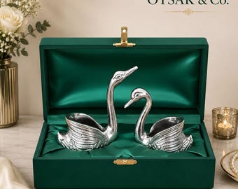 Swan Candle Holder Pair, Silver-Plated Resin with Glossy Metallic Finish