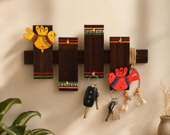 Warli Hand-Painted Sheesham Wood Key Holder, 6 Hook Wall Organizer