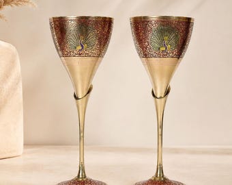 Brass Goblet Set of 2, Peacock Engraving | Polished Gold Finish
