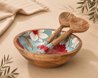 Handmade Mango Wood Salad Bowl Set with Servers, Floral Enamel Interior, Farmhouse Kitchen Decor