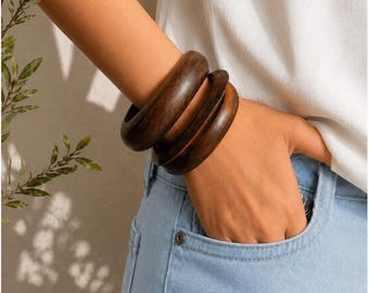 Wooden Bangle Set, Natural Wood Stackable Jewelry, Four Sizes & Set of 3