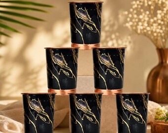 OTSAK & Co. Copper Drinking Glasses Set, 250ml Black Print Tumblers (Set of 6)