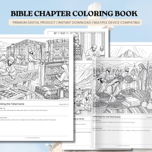 Peut inclure: Un livre de coloriage sur les chapitres de la Bible à reliure spirale présentant des illustrations au trait en noir et blanc de scènes bibliques, incluant la construction du tabernacle et les offrandes, avec du texte et des exercices pratiques.