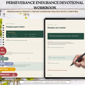 以下が含まれることがあります： Perseverance Endurance Devotional Workbookというタイトルのデジタルデボーションワークブック。左側にスパイラル綴じのレイアウト、右側にRooted, not rushedというタイトルのページが表示されたタブレット画面が配置されています。