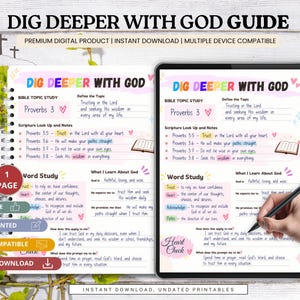 Op de afbeelding: Een digitale Bijbelstudiegids getiteld Dig Deeper With God met secties voor onderwerpen, schriftlezingen, woordstudie en hartcontrole. De lay-out bevat kleurrijke tekst, hartpictogrammen en lijnen voor handgeschreven notities op een tabletscherm.